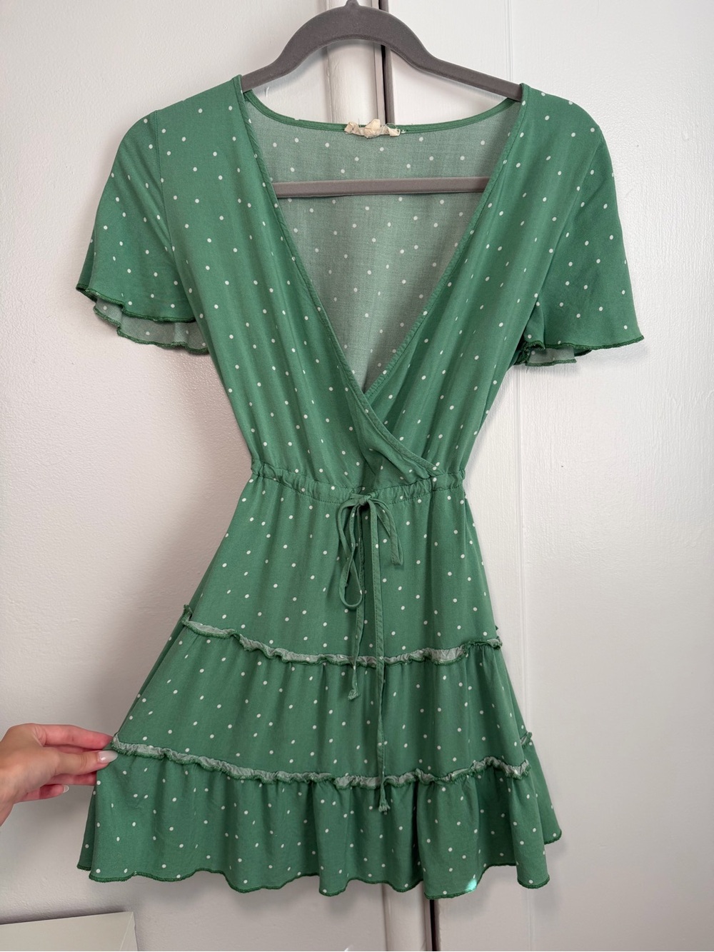 La Hearts Green Polka Dot Tie Waist Mini Dress
